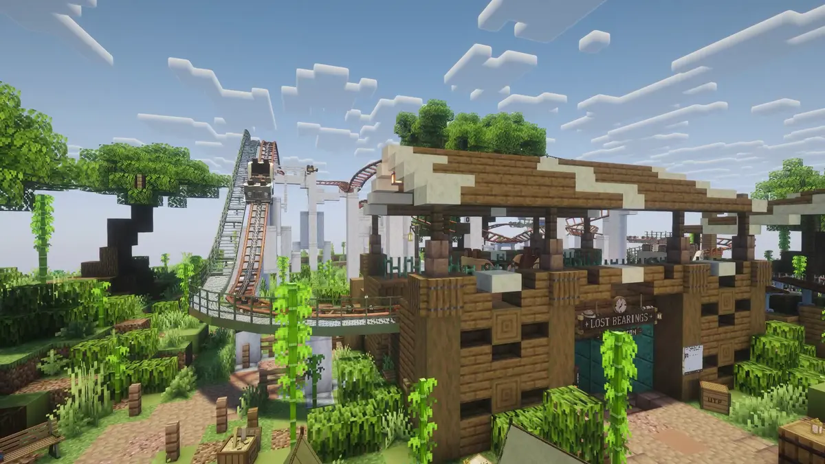 Expedition Island, the demo park: the station of Lost Bearings, its coaster rising behind