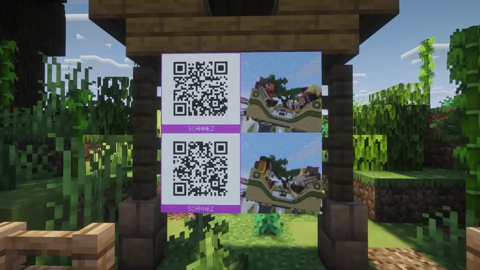 A photo wall at Expedition Island: item frames with the latest photos, a QR code on each row
